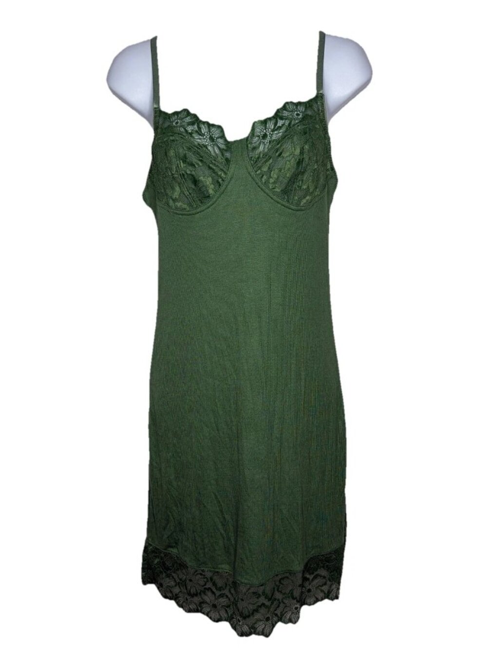 Adore Me Aliyah Slip Dress Chemise Nightgown Size S Dark Ivy Green Ribbed Lace